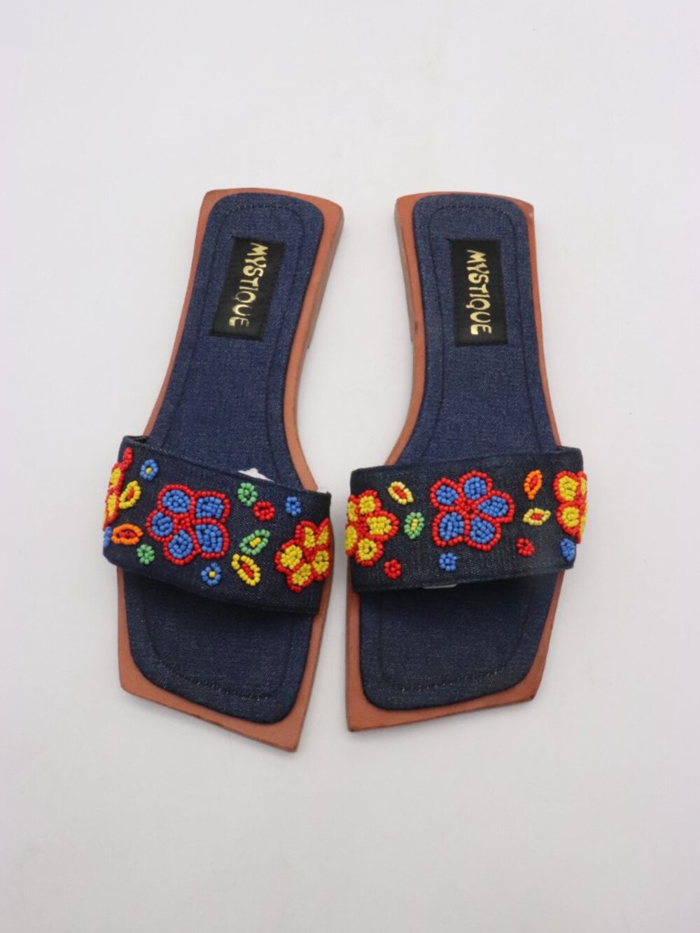NWOB Mystique Blue Flowers Women's Size 8 Blue Yellow Sandals Slip On Flats